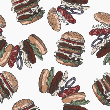 Grafik biçiminde hamburgerlerle kusursuz desen.