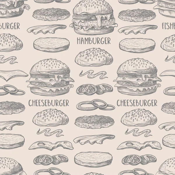 Seamless pattern with burgers in graphic style. — Stock Vector