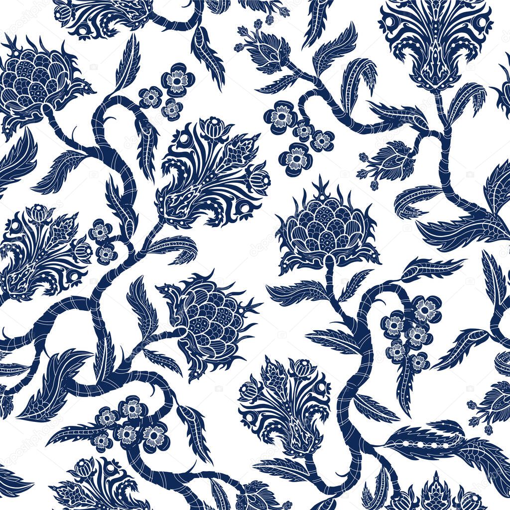 Seamless pattern with branches flowers in chinoiserie style. Japanese blue ceramic print.