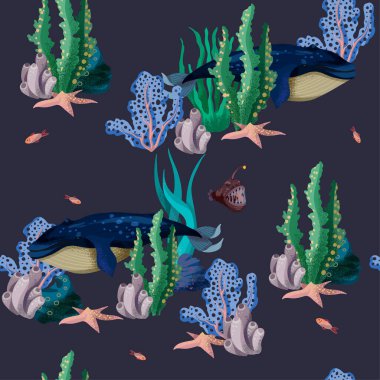 Denizaltı manzarasında kusursuz bir balina deseni. Vektör.