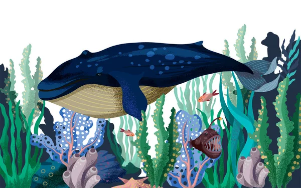 Vektorillustration des Meeresbodens mit Walen, Fischen und Meerespflanzen. — Stockvektor