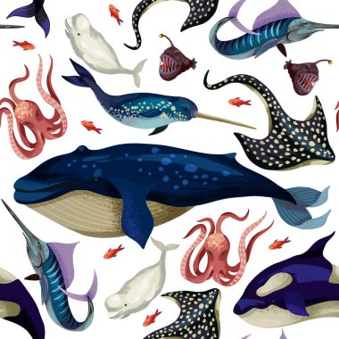 Balina, şeytan balığı, balina ve ahtapot desenleri. Vektör.