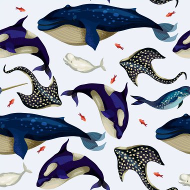 Balina, şeytan balığı, balina ve ahtapot desenleri. Vektör.