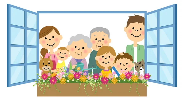 Bloemen in water te doen rond een senior familie — Stockvector