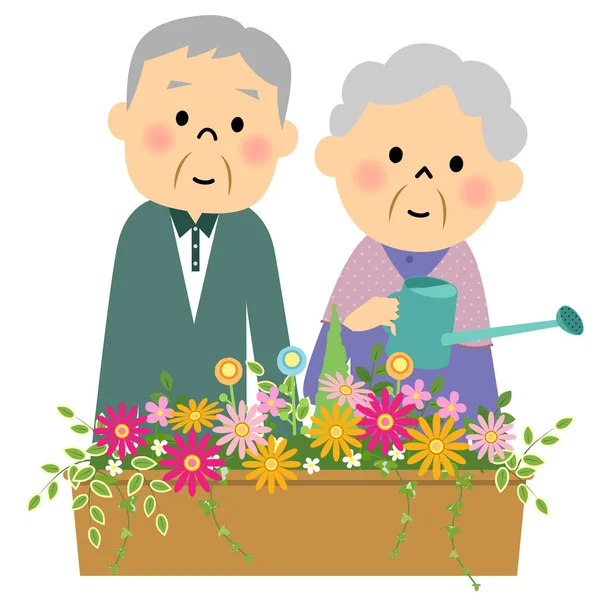 Flores na água fazendo um casal de idosos —  Vetores de Stock