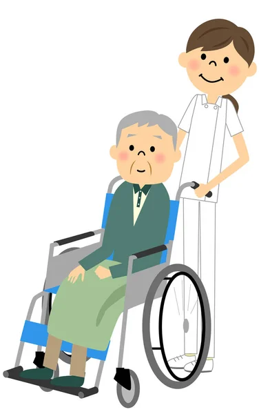Οι ηλικιωμένοι να καθίσει σε μια αναπηρική καρέκλα, νοσηλευτική φροντίδα — Διανυσματικό Αρχείο
