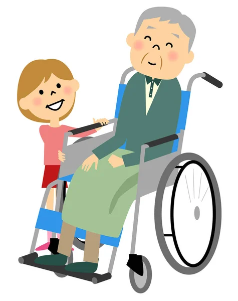Los ancianos a sentarse en una silla de ruedas, cuidado de enfermería — Vector de stock