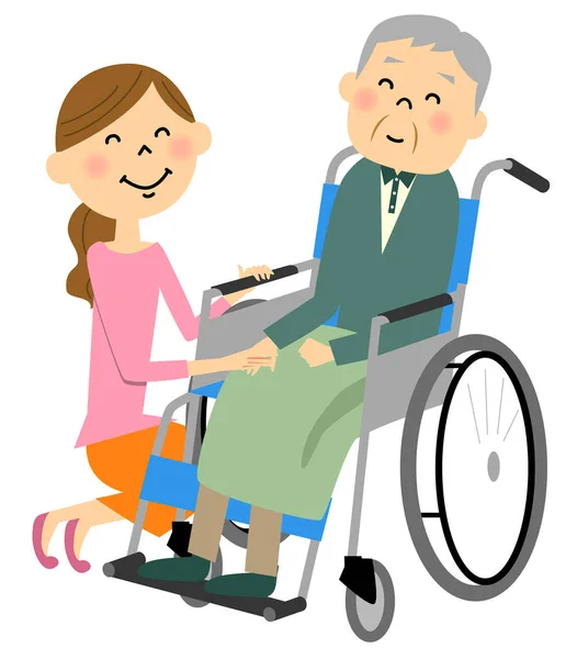 Osób starszych, aby siedzieć na wózku inwalidzkim, opieki pielęgniarskiej — Wektor stockowy