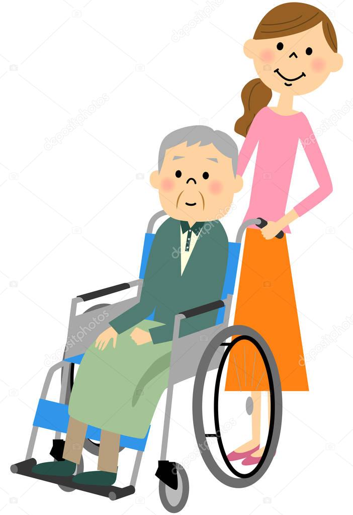The elderly to sit in a wheelchair, nursing care