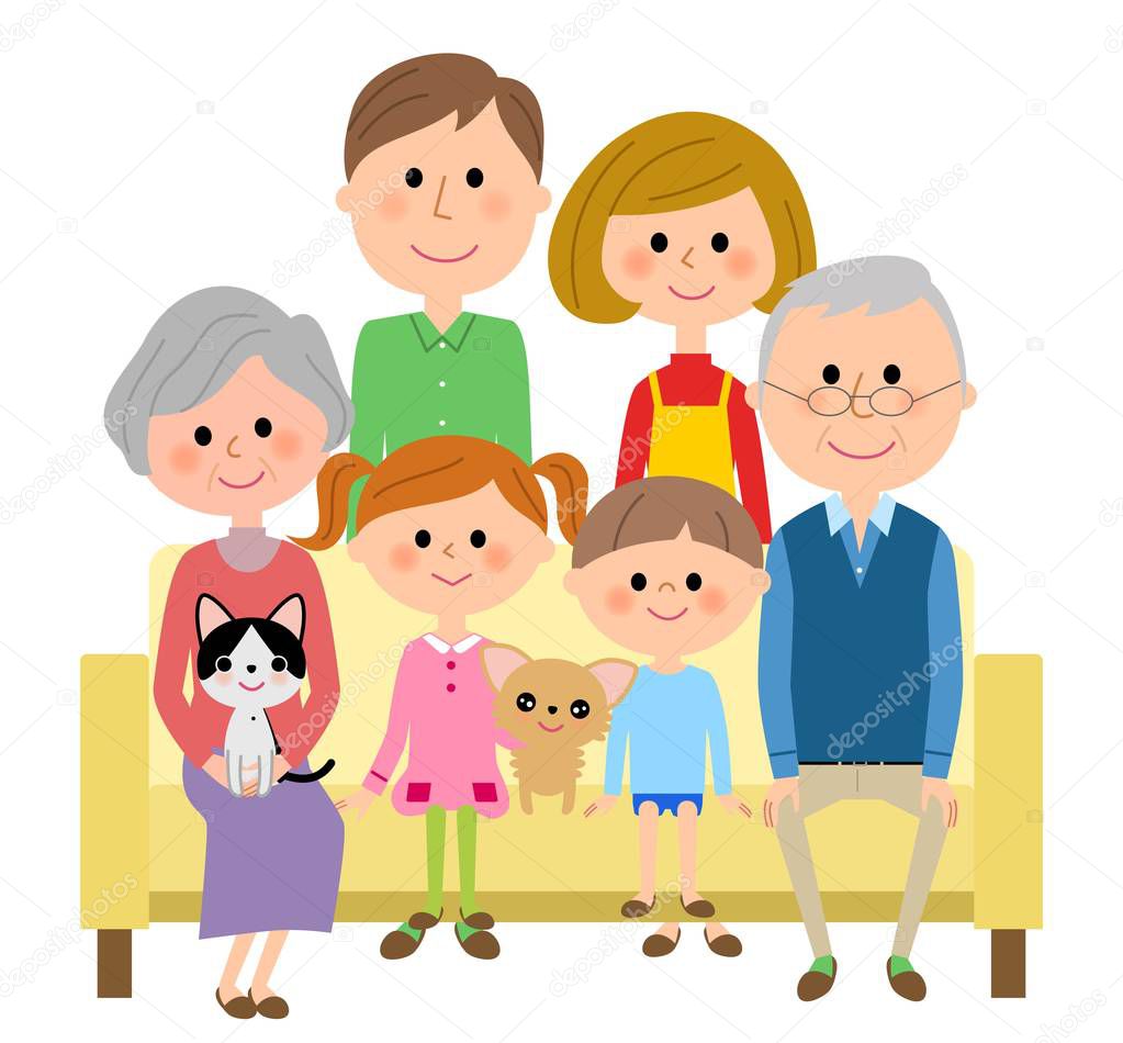 The family which sits down on a sofa and relaxes