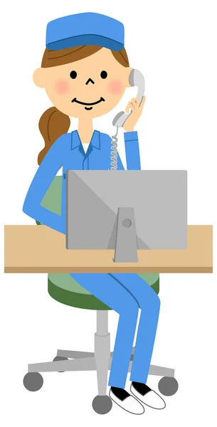 Žena dorazí v práci, počítač a telefon — Stockový vektor