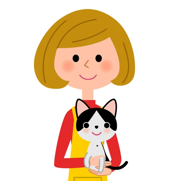 一个女人用围裙拥抱一只猫 — 图库矢量图片