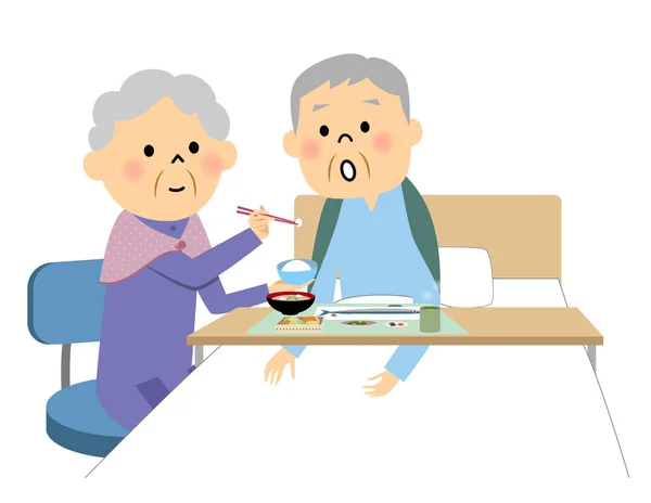 Az idős ember segíti egy étkezés nővér — Stock Vector