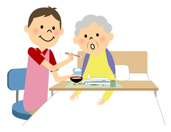 La signora anziana assistita da un infermiere pasto — Vettoriale Stock