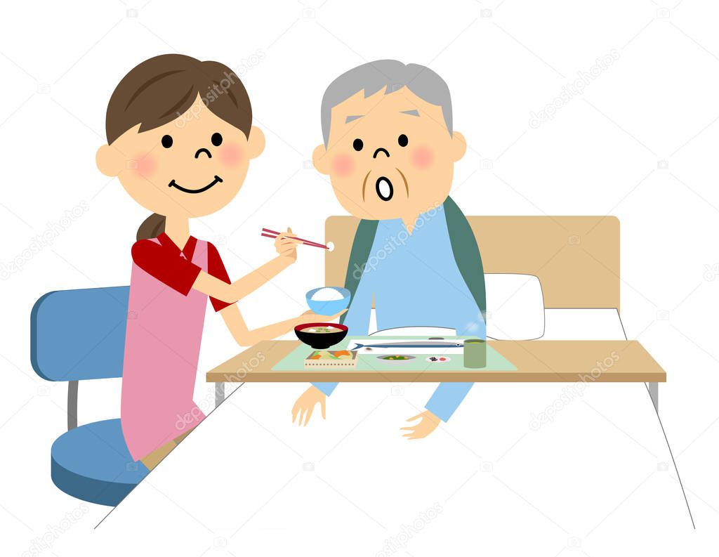 The elderly man assisted by a meal nurse