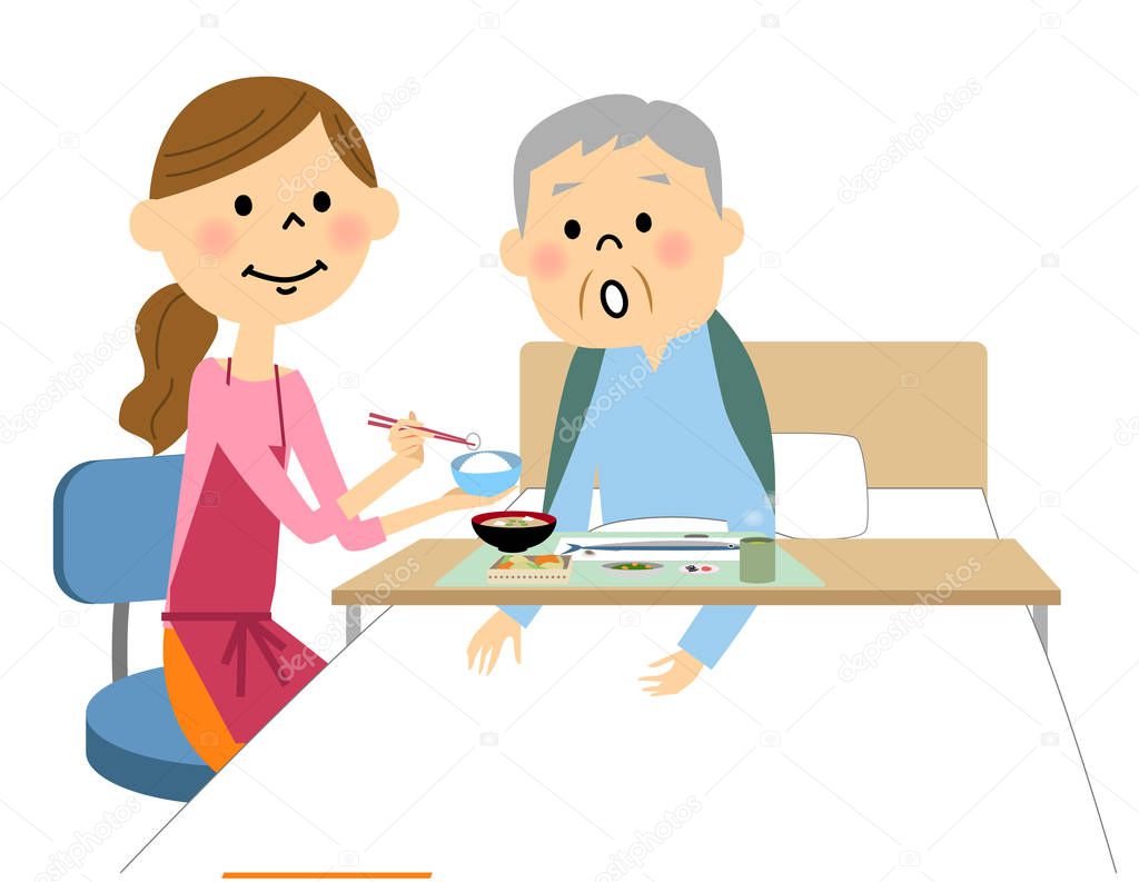 The elderly man assisted by a meal nurse