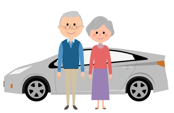 Casal de idosos e carro — Vetor de Stock