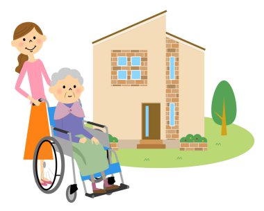 Benim evim ile tekerlekli sandalyede oturan yaşlı insanlar