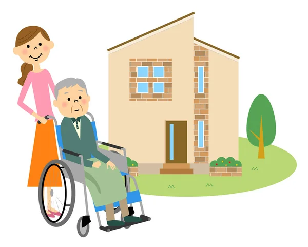 Äldre personer som sitter i rullstol med mitt hem — Stock vektor