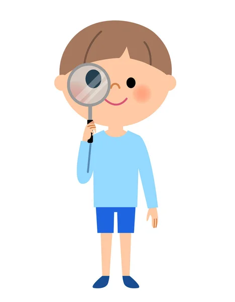 Young boy,I look into the magnifying glass — Stock Vector