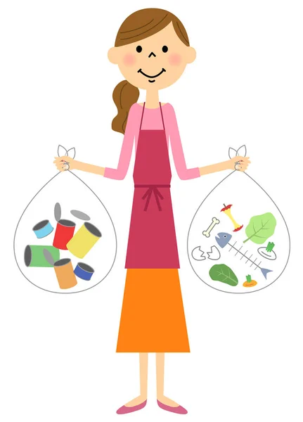 A woman of an apron to separate garbage — Stock Vector