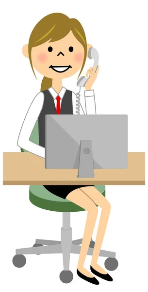 Das Weibchen der Uniform, das während der Bedienung eines PCs anruft — Stockvektor