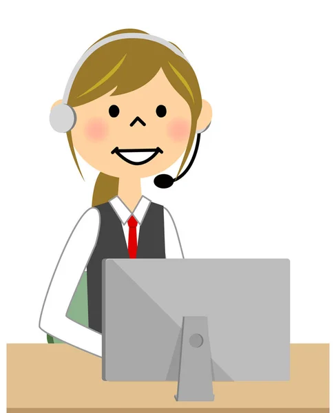 The female of the uniform who communicates while operating a PC — Stock Vector