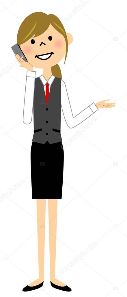 The female of the uniform who communicates with a cellular phone