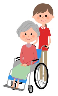 Bir tekerlekli sandalye ve bakım giver oturan yaşlı kadınlar