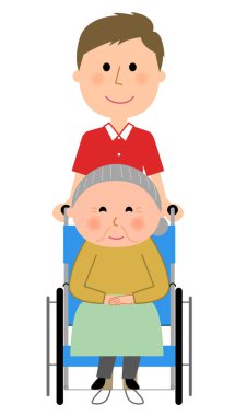 Bir tekerlekli sandalye ve bakım giver oturan yaşlı kadınlar