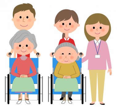 Bir tekerlekli sandalye ve bakım giver oturan yaşlı kadınlar