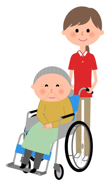 Ηλικιωμένες γυναίκες κάθονται σε μια αναπηρική καρέκλα και φροντίδα δωρητής — Διανυσματικό Αρχείο