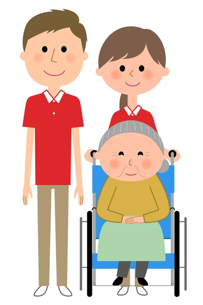 Starší ženy sedí ve vozíku a péče o dárce — Stockový vektor