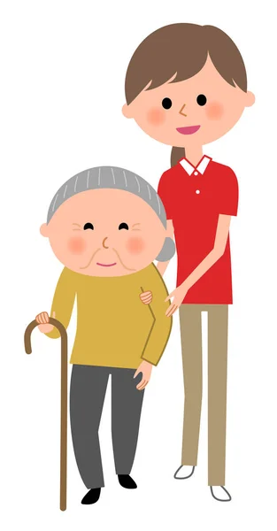 Starší žena a péče o dárce, Walking pomoci — Stockový vektor
