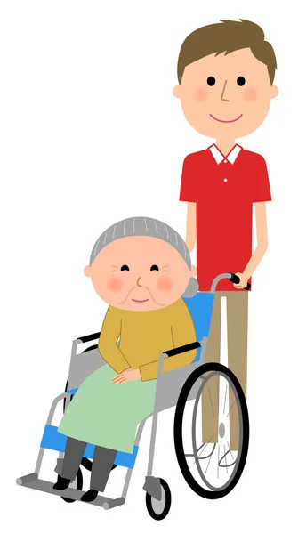 老年妇女坐在轮椅上和护理的送礼者 — 图库矢量图片
