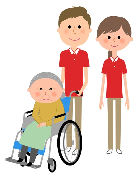 Oudere vrouwen zitten in een rolstoel en zorg gever — Stockvector