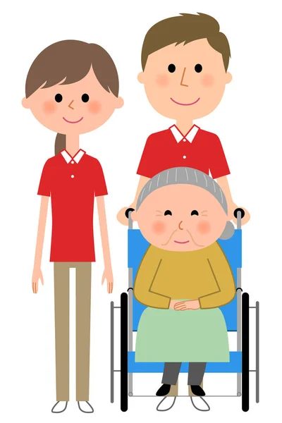 Donne anziane sedute su una sedia a rotelle e donatrice di cure — Vettoriale Stock