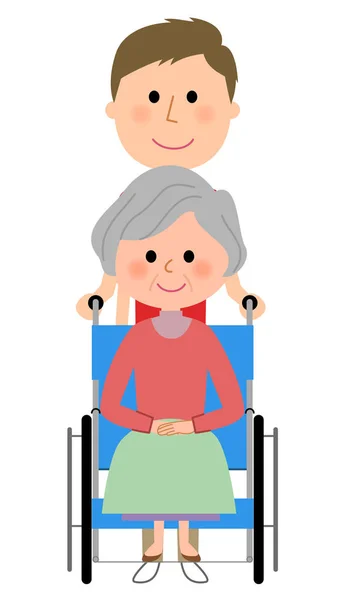 老年妇女坐在轮椅上和护理的送礼者 — 图库矢量图片