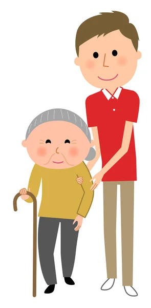 Wanita tua dan pemberi perawatan, Walking aid - Stok Vektor