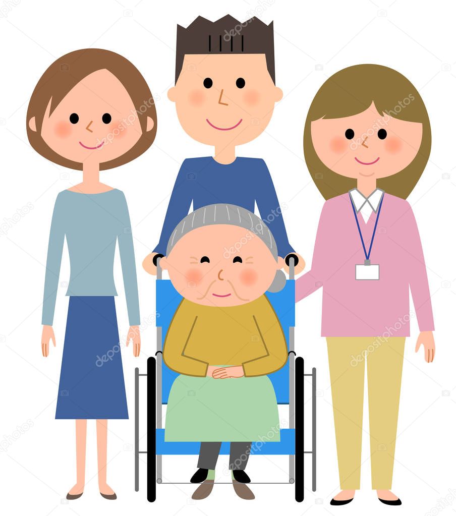 Elderly woman and families sitting in a wheelchair
