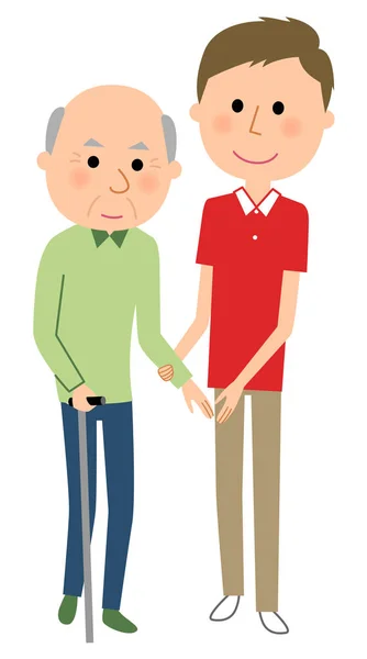 老年男人和照顾送礼者，行走援助 — 图库矢量图片
