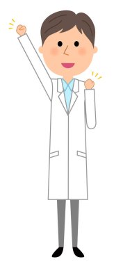 Beyaz önlük erkek, zafer Duraklat / zafer pozu gerçekleştirmek için beyaz bir ceket giyen bir adam bir örnektir.