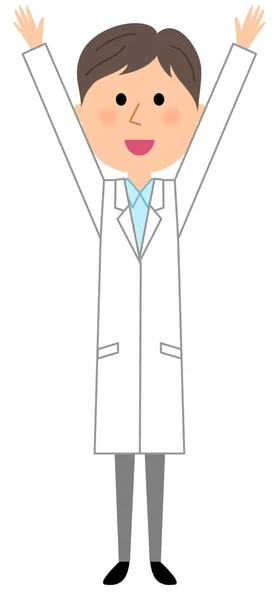 Male White Coat Cheers Illustration Man Wearing White Coats Raise — Stock Vector