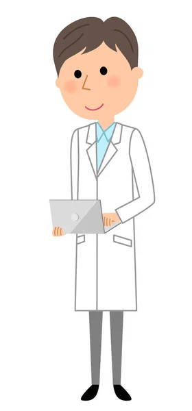 Male White Coat Laptop Illustration Man Wearing White Coat Operate — Stock Vector