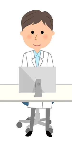 白色外套的男性 个人计算机或例证一个人佩带白色外套操作计算机 — 图库矢量图片