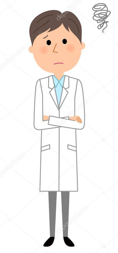 The male of the white coat,Be worried/It is an illustration of a man wearing a troublesome white coat.