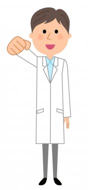 Beyaz önlük erkek, zafer Duraklat / zafer pozu gerçekleştirmek için beyaz bir ceket giyen bir adam bir örnektir.