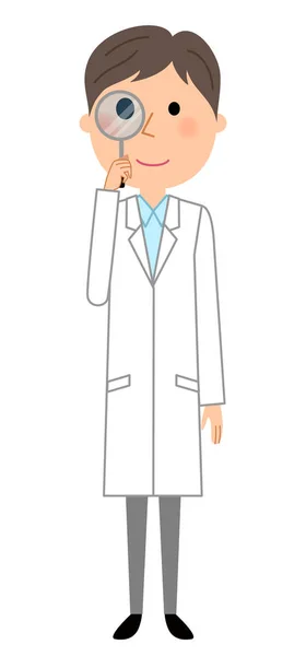 Male White Coat Magnifying Glass Illustration Man Wearing White Coat — Stock Vector