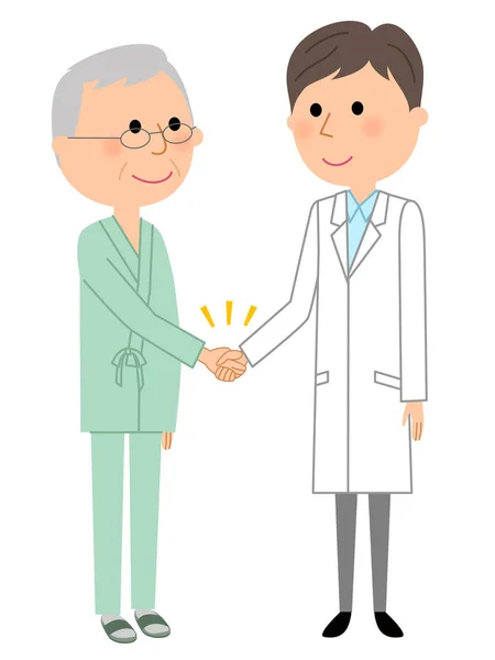 白衣の男性 握手と患者 これは患者に手を振って白いスーツを着ている男性のイラスト — ストックベクタ
