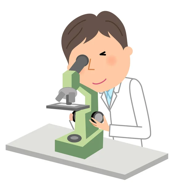 Muž Bílém Plášti Mikroskop Ilustrace Muž Oděný Bílém Plášti Musí — Stockový vektor